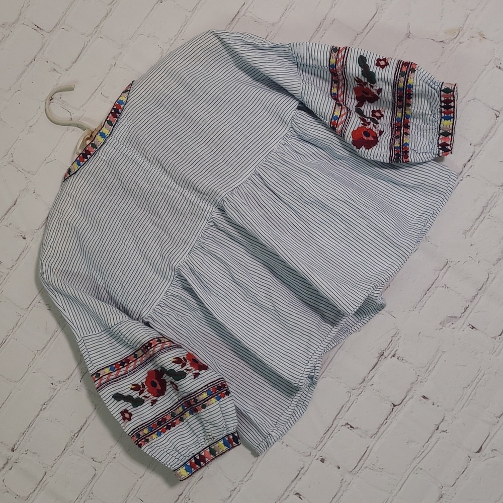 ZARA Kids Embroidered Peasant Blouse Stripes Bell Sleeve Girls Size 7 - Picture 10 of 15